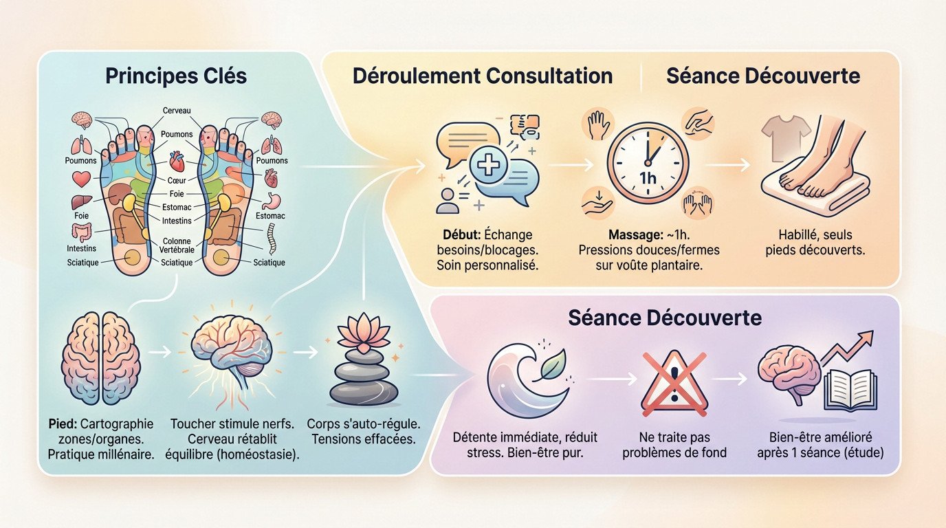 Infographie sur les principes et bénéfices de la réflexologie plantaire