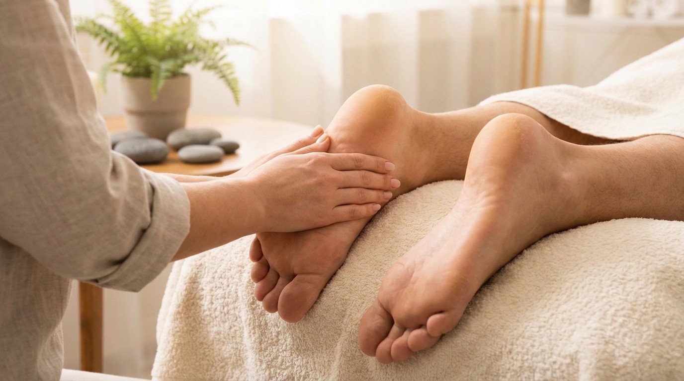Close-up of bare feet on a towel receiving a gentle reflexology massage from practitioner's hands in a serene wellness setting.