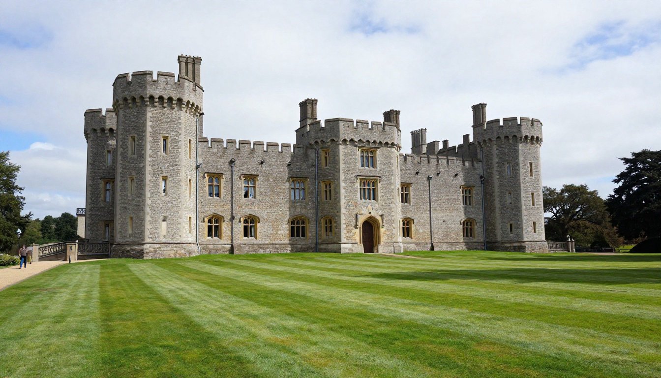 Château de Kerdurand en pierre, avec ses tours crénelées et sa vaste pelouse rayée, sous un ciel partiellement nuageux.
