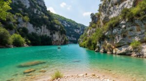 Vue panoramique des Gorges du Verdon avec ses eaux turquoise et des falaises rocheuses luxuriantes, quelques bateaux et kayakistes.