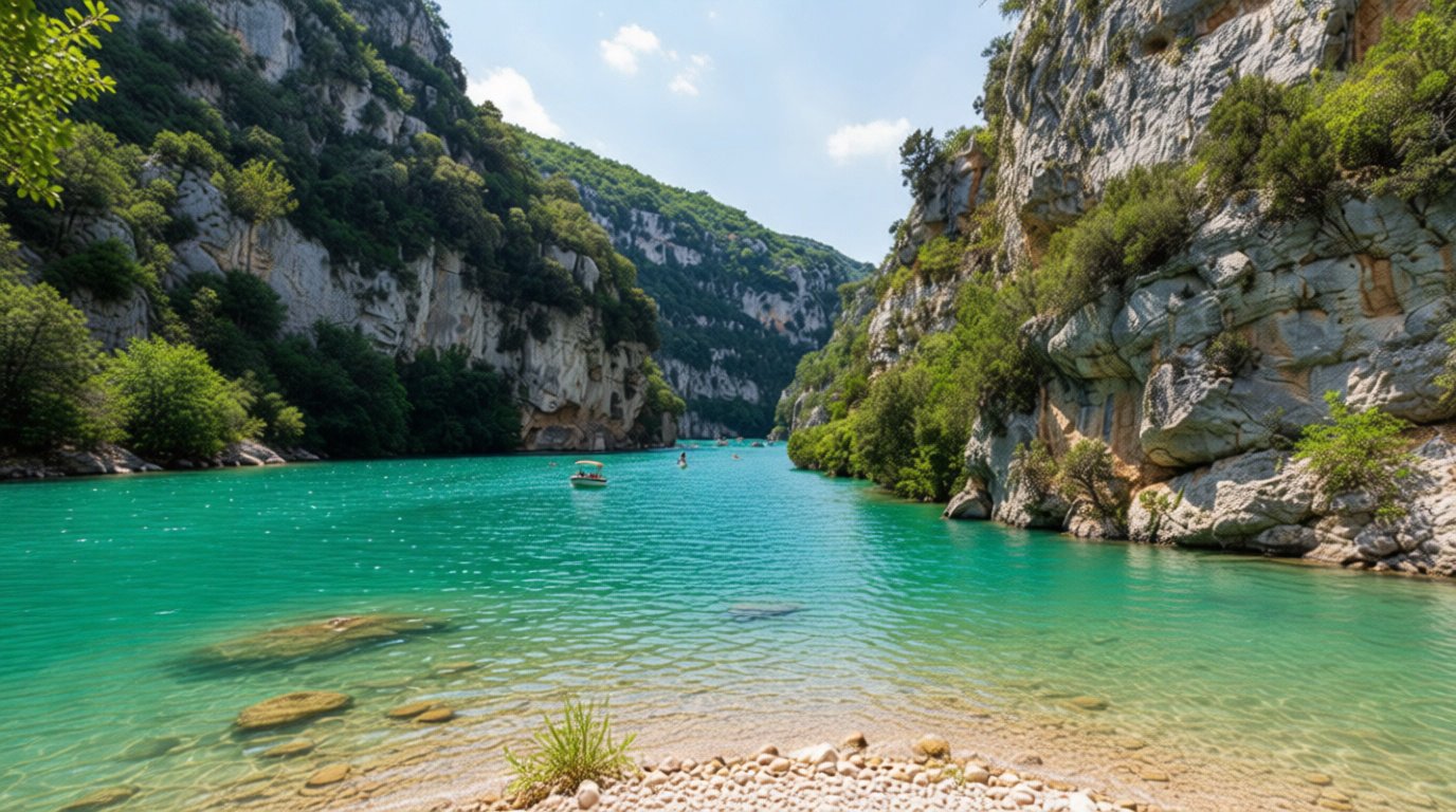 Vue panoramique des Gorges du Verdon avec ses eaux turquoise et des falaises rocheuses luxuriantes, quelques bateaux et kayakistes.