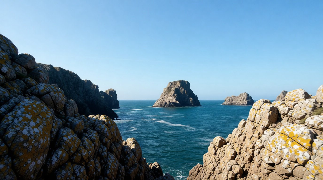 Côte rocheuse du Finistère avec rochers couverts de lichen, mer bleue et îlots sous ciel clair.