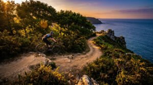 Personne en VTT sur un sentier sinueux au bord de la mer, falaises verdoyantes, ciel orange et bleu.