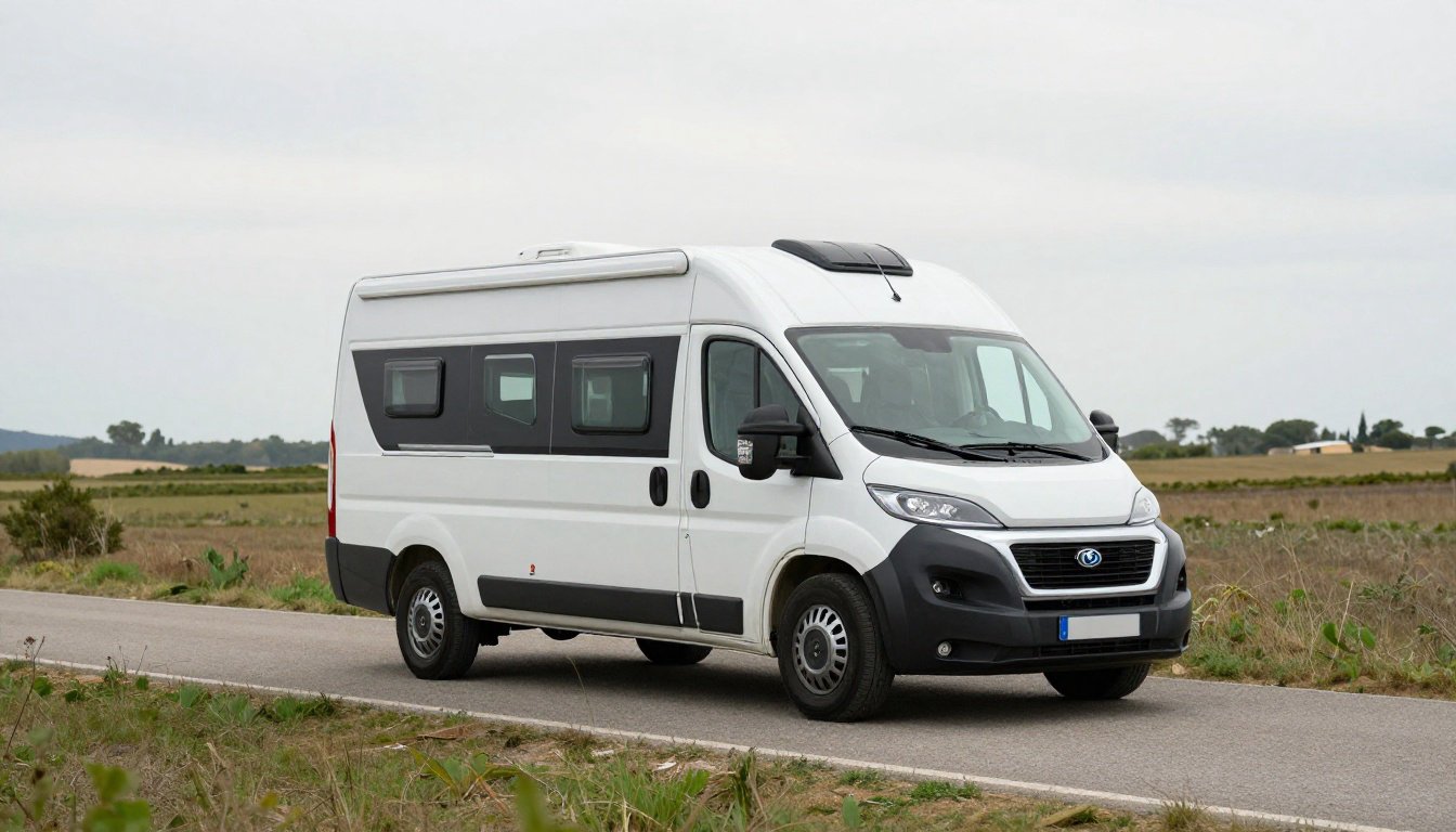 Fourgon aménagé blanc roulant sur une route de campagne. Idéal pour un roadtrip en Sud France, sous un ciel nuageux.