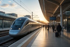 Train moderne a la gare au coucher du soleil