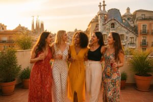 Amies joyeuses a barcelone au coucher du soleil