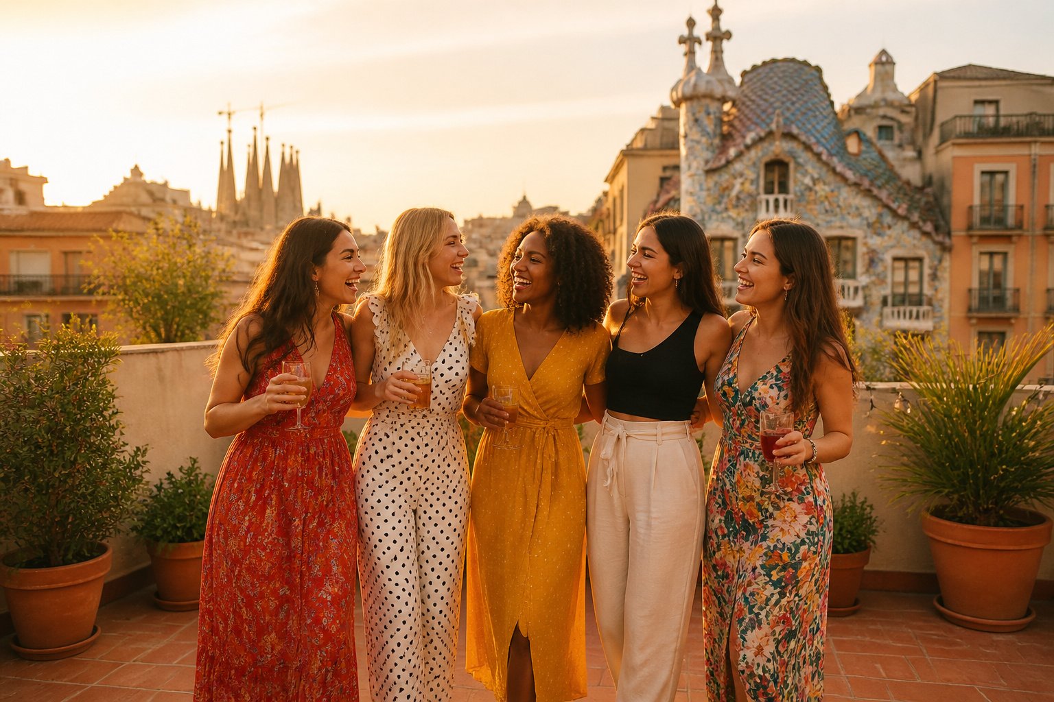Amies joyeuses a barcelone au coucher du soleil