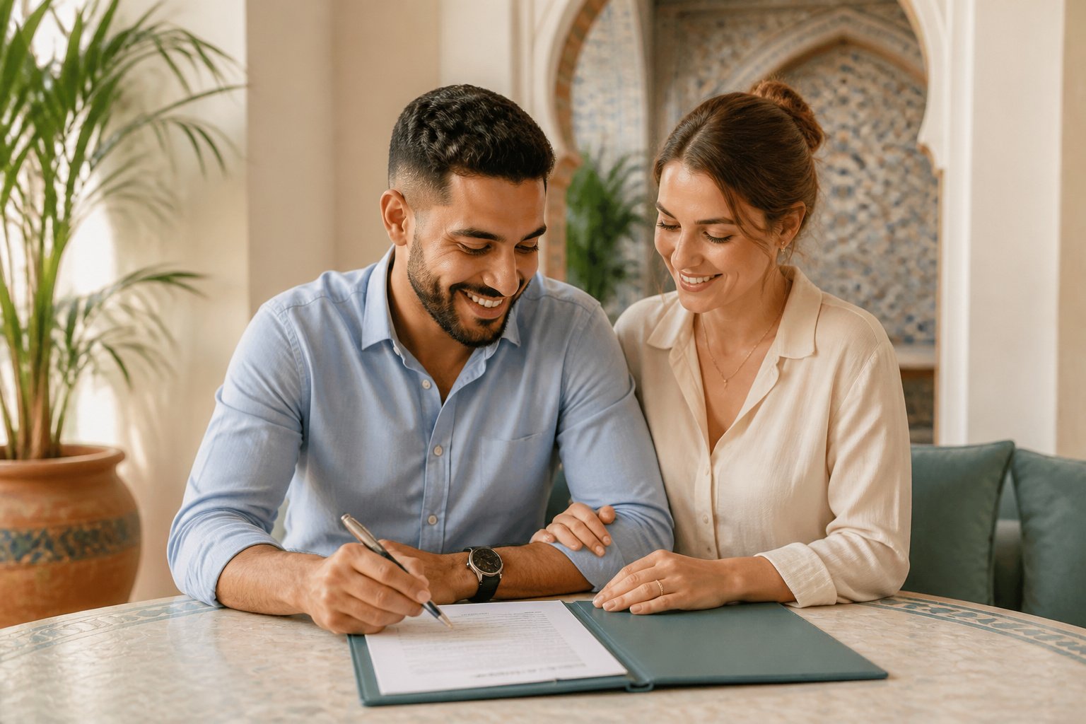 Couple heureux signant des documents