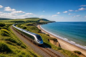 Train moderne longeant la cote