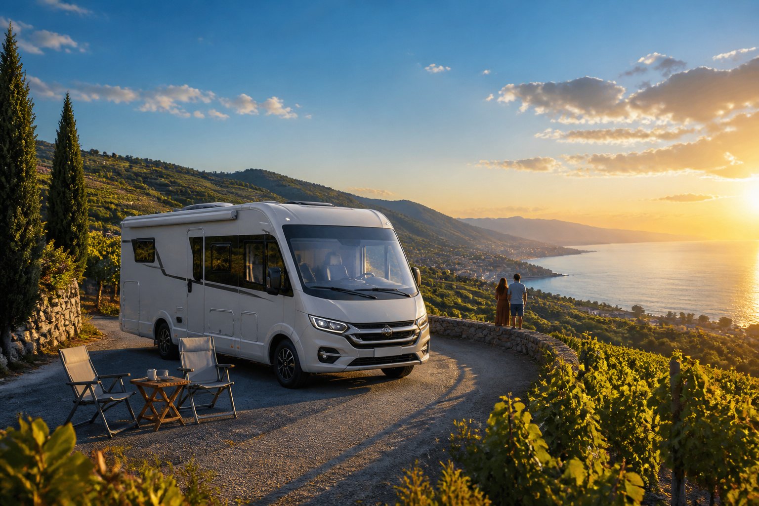 Camping car de luxe en toscane au coucher du soleil
