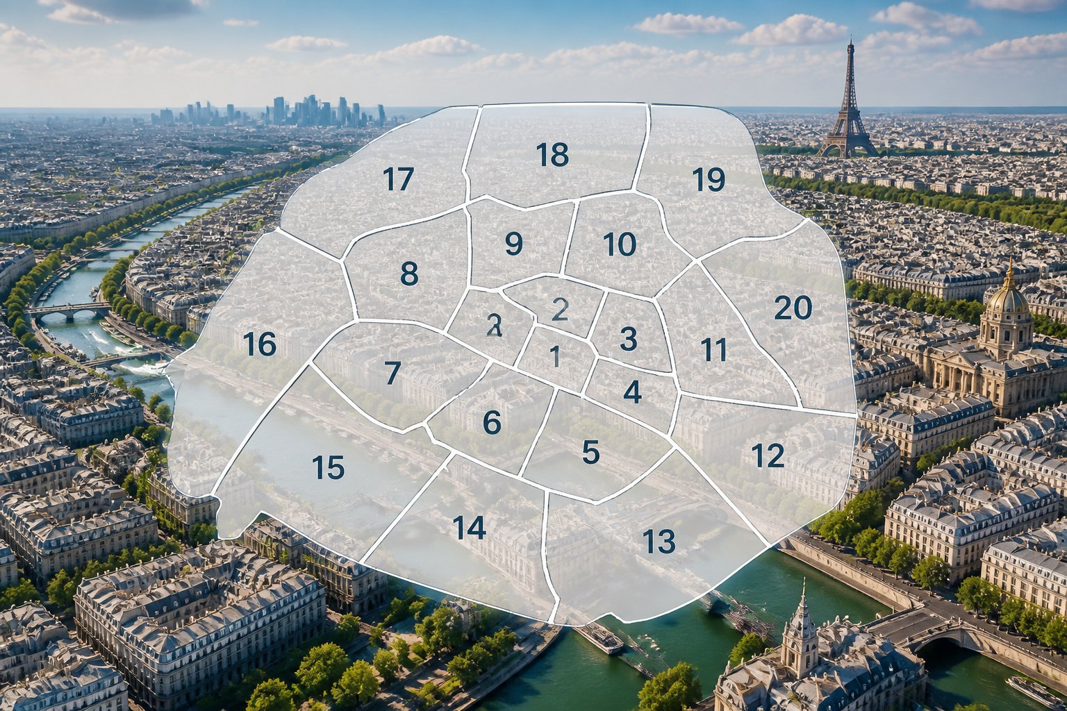 Paris aerien carte des 20 arrondissements