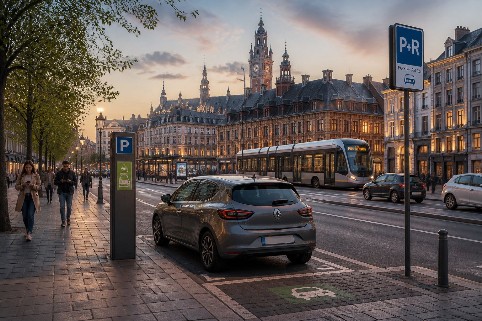 Rue europeenne animee au crepuscule